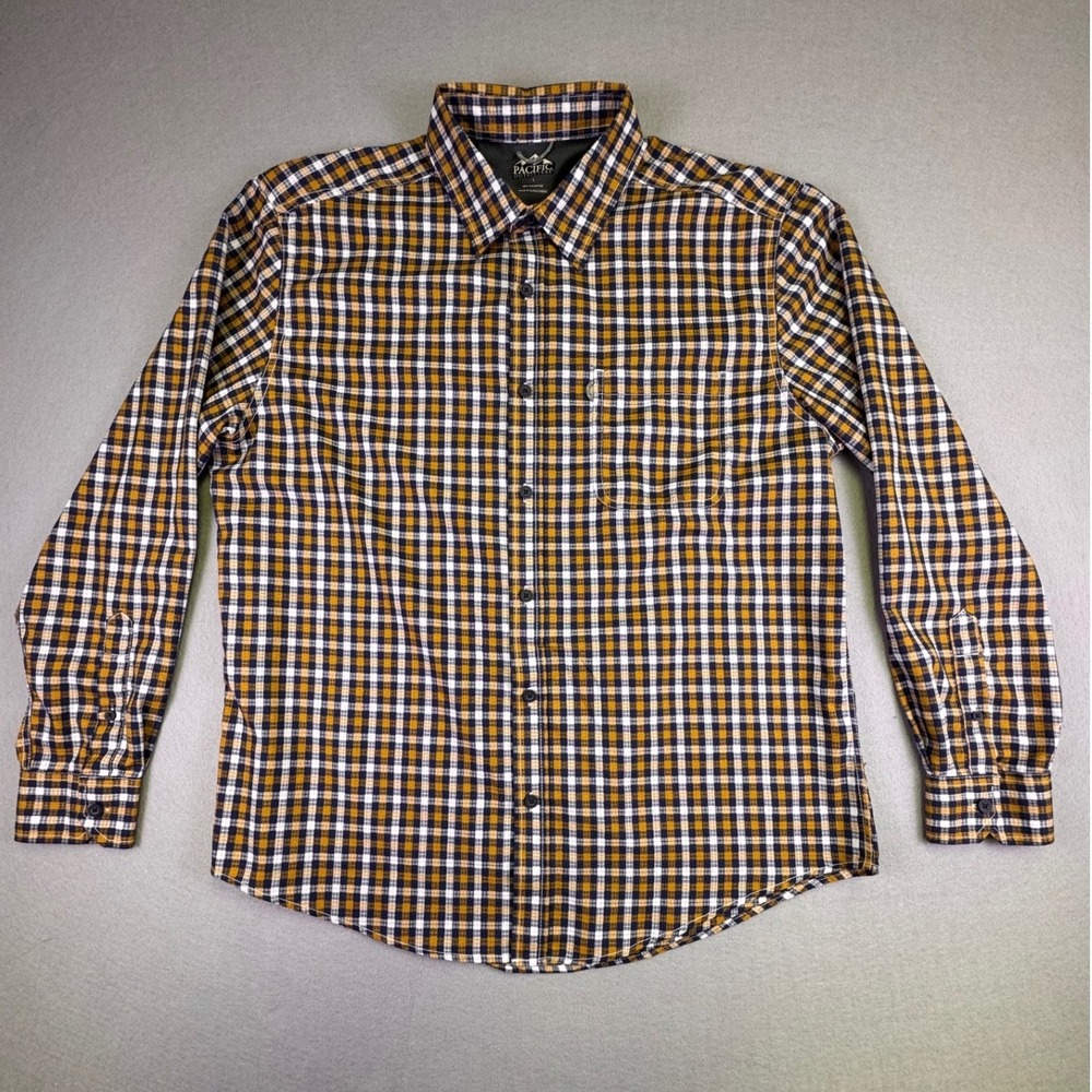 Pacific Outfitters Mens‎ Large Plaid Button Down Shirt Mustard Navy Yellow L - Picture 2 of 9